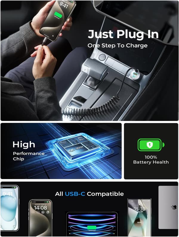 65W USB C Biloplader til iPhone 16 - PD Hurtigopladning med Spiralkabel-FX-