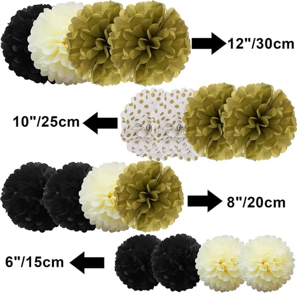 16 stk. assorterede silkepapirspompomer, håndlavede bryllups- og festdekorationer, bolde, sort gu-FX- #03 Black Gold
