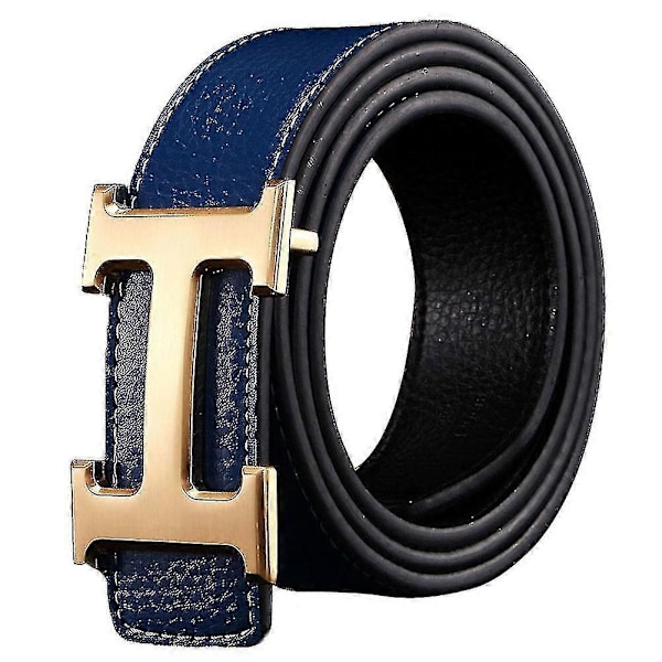 Ny Stil Affärs Fritid Äkta PU Läder H Slätt Spänne Litchi Korn Bälte För Män (FMY) Blue   Golden