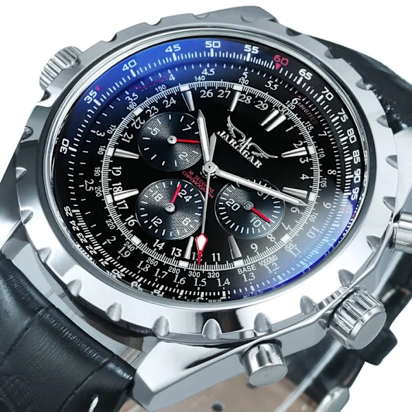 Toppmärke Luksus VINDARE Herre Mekaniske ure 2017 Automatiske Armbåndsure Herre Læderrem 3 Sub-urskiver 6 visere Reloj Hombre LEATHER BLACK