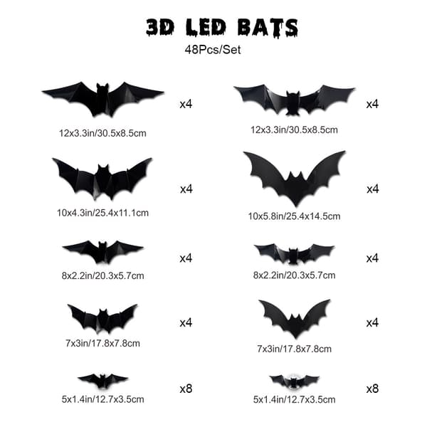 Halloween-dekorasjon utendørs 48 lysende 3D-flaggermus til dør og vindu | Inkluderer 48 LED-lys og selvklebende puter bat 48pcs