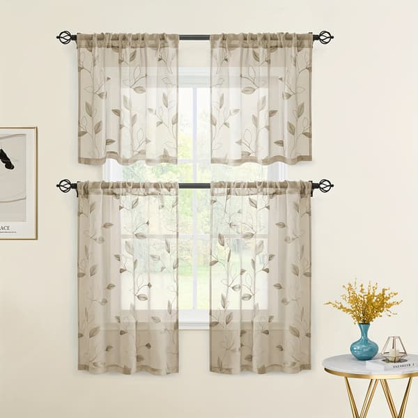 2 stk. halvtransparente polyestergardiner med brodert bladmotiv og stangkanal 88x160cm Grey