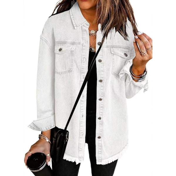 Oversized denimjakke for kvinner, avslappet lang boyfriend-modell, distressed jeansskjorte hvit White S
