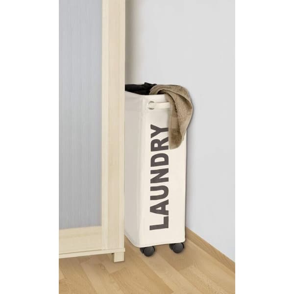 Kapea beige pyykkikori, 43 L – Repäisykestävä ja vedenpitävä polyesteri – Mitat 18,5 x 60 x 40 cm – 4 pyörää helppoon kuljetukseen-FX-