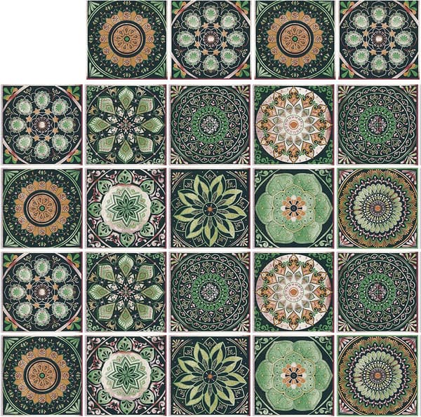 24 pcs Tile Decals 10x10 cm Mandala Style Tile Stickers Peel and Stick Tile Decor Removable Self-Adhesive Square Wall Decals, Tile Wallpaper-FX-