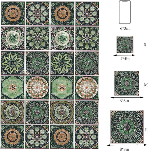 24 pcs Tile Decals 10x10 cm Mandala Style Tile Stickers Peel and Stick Tile Decor Removable Self-Adhesive Square Wall Decals, Tile Wallpaper-FX-