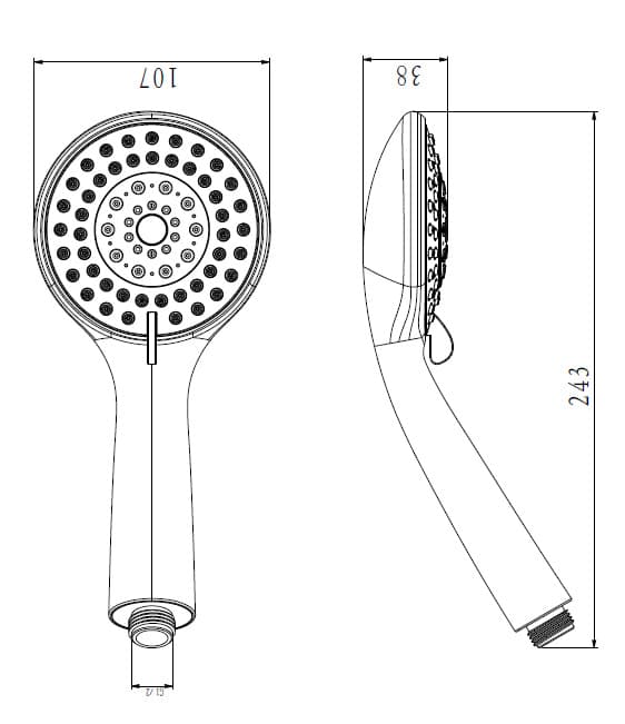 5-stråle hånddusj til baderom, dusjhode (diameter 107 mm), 3-FX-