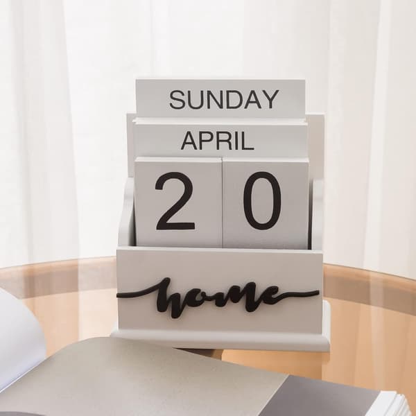 Evighetskalender i trä, Söt månad vecka datum display daglig skrivbords träklossar, Återanvändbar årlig, Vit k-FX- White Calendar