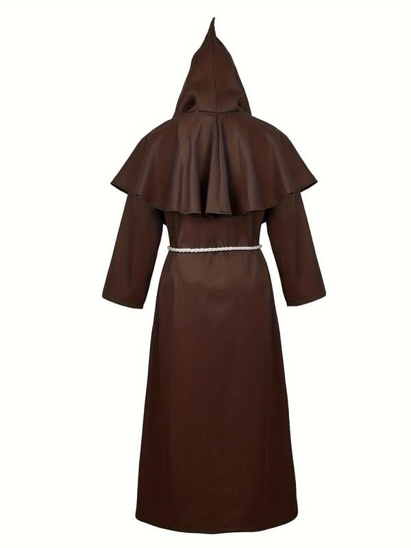 Hætteklædt middelalderlig præstekappe kostume til mænd, polyester renæssancekappe med bælte M Dark Brown