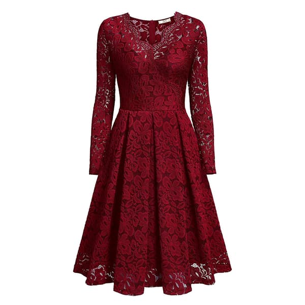 Dam vintage blommig spets långärmad V-hals temperamentklänning claret-FX-