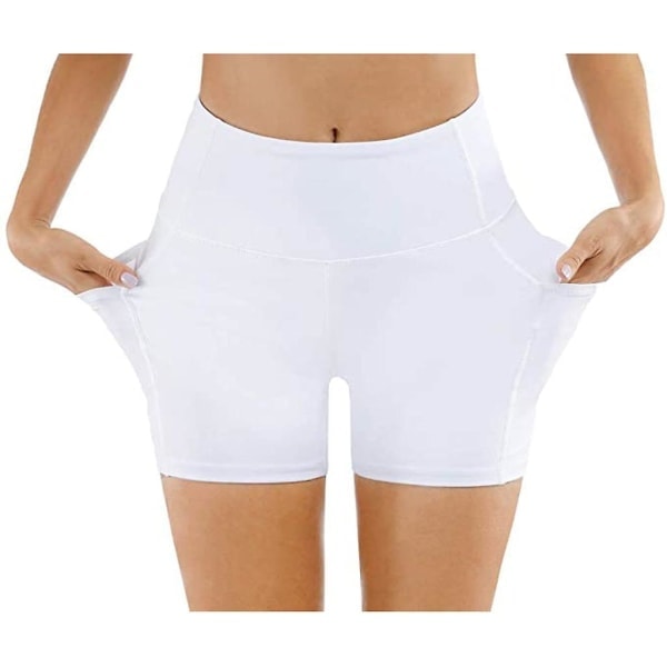 Yogashorts, dameshorts, sidelommer med telefonlomme, høy midje, yoga fitness, treningsbukser, underdel, hvit (S)