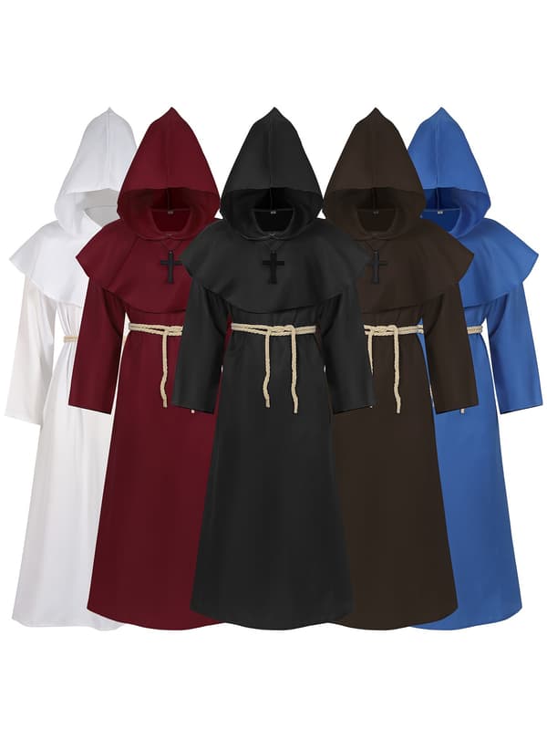 Hætteklædt middelalderlig præstekappe kostume til mænd, polyester renæssancekappe med bælte M Dark Brown