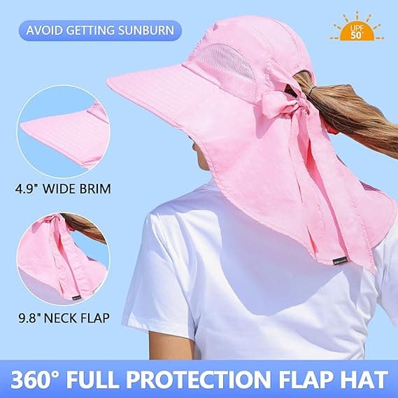 Dam solhatt UV-skydd bred brätte fiskehatt med hästsvanshål nackskydd-FX- Pink