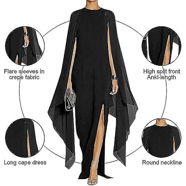 Dam Elegant Hög Slits Utsvängd Ärm Formella Aftonklänningar Maxiklänning SVART BLACK XL
