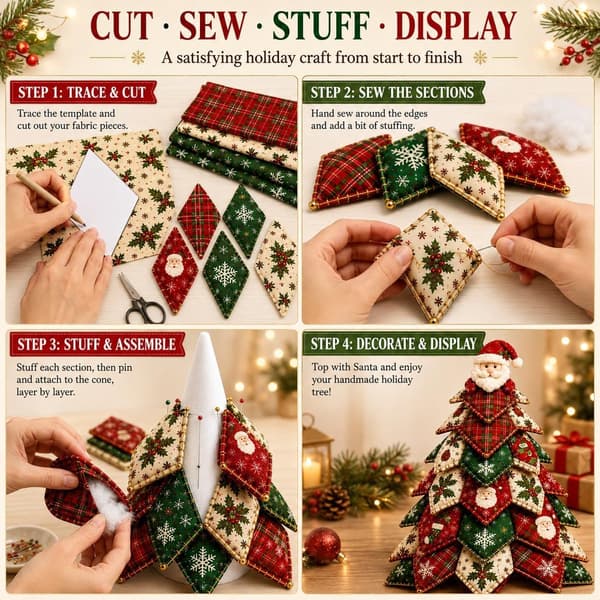 DIY-kit för quiltad julgran, 3D-tygpatchwork-sömnadspyssel för nybörjare, komplett sömnadskit med mallar-FX-