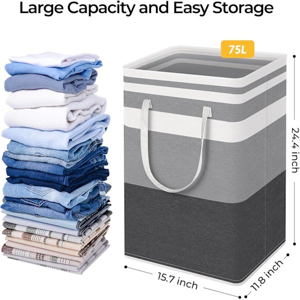 2-pack Large Laundry Hamper, Waterproof, Freestanding Laundry Basket, Foldable Tall Clothes Hamper with Extended Handles (Gradient Gray, 75L)-FX-