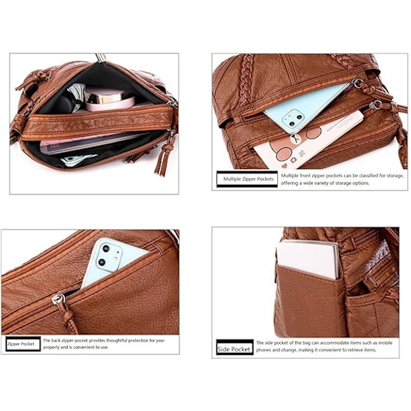 Läderväska för dam, axelväska, crossbody-väska, maskintvättbar, mjuk textur, brun【HY】