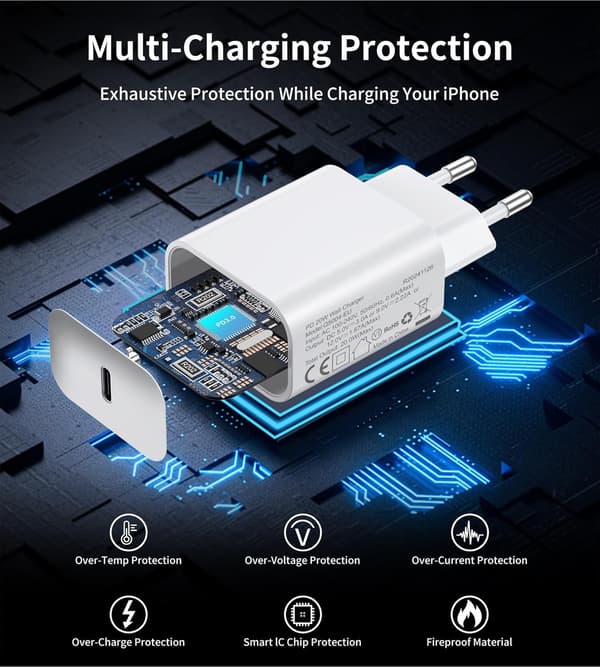 USB C-oplader 20W 3-pak til iPhone 16/15/14/13/12 Pro Max Mini & mere-FX-