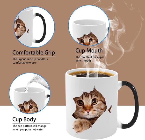 Heat Sensitive Mug, Funny Cat Heat Sensitive Ceramic Coffee Cup, 33 cl Color Changing Coffee Mug, Cute Christmas Gift Mug-FX-