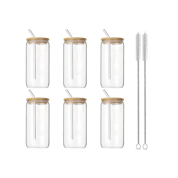 6 stk. 473 ml glas kopper med låg og sugerør, transparente glas kopper til kaffe, øl, te, vin glas drikkeudstyr holdbart【HY】