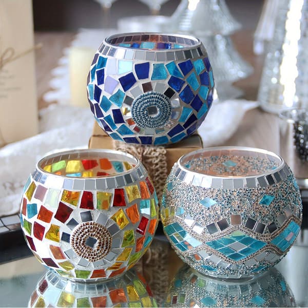 Sett med 3 lysestaker i glassmosaikk, lakkert borddekor til jul 3pcs