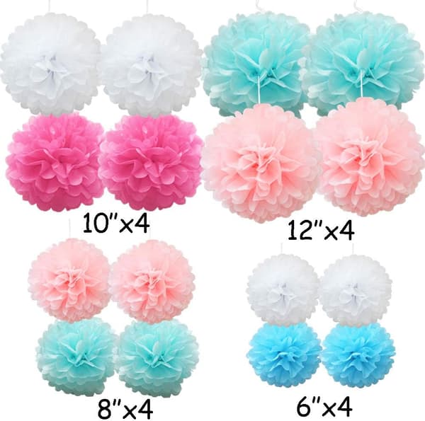 16 assorterede silkepapir pompomkugler, håndlavede bryllupsdekorationer, lyserøde og blå nuancer-FX- Pink Blue Shade