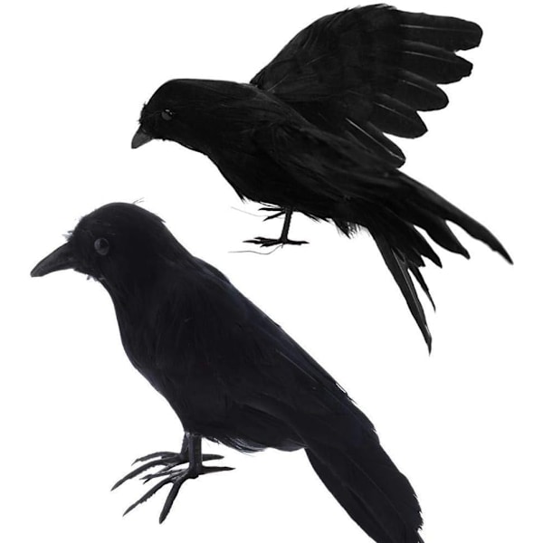 Sett med 2 falske svarte kråker, realistiske fugledekorasjoner, falske kråke Halloween-rekvisitter, falsk kråke med svarte fjær【HY】