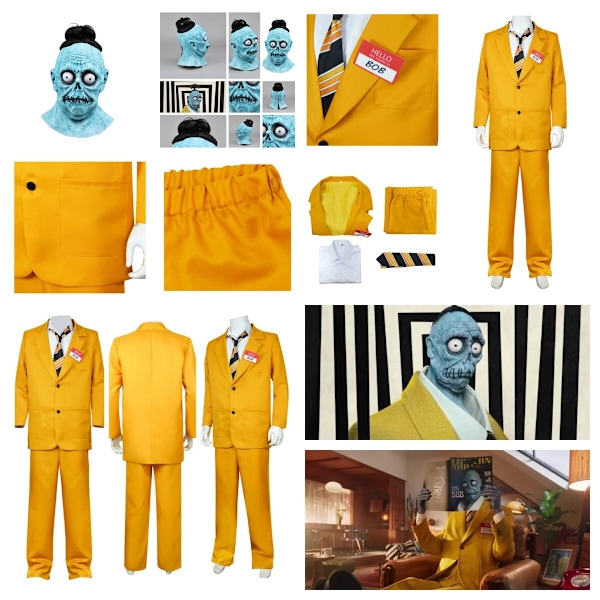 Beetlejuice 1989 Bob Shrinker Cosplay Keltainen Puku+Solmio+Lateksinaamio-JK- Only Costume M