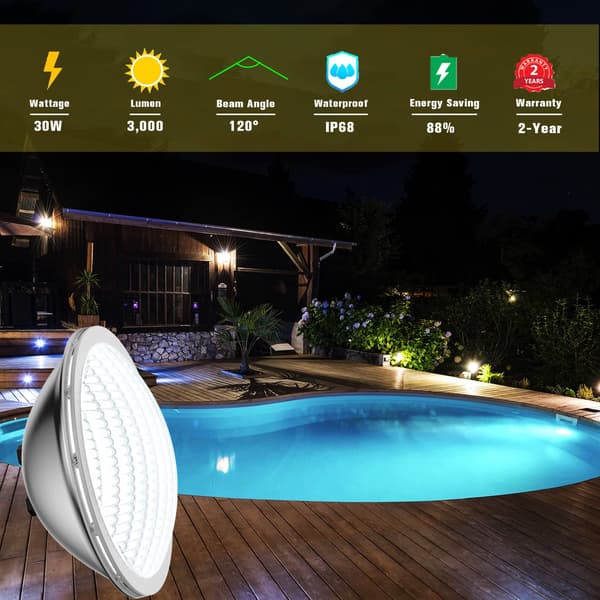PAR56 LED Poolbelysning, 30W IP68 Dränkbar, 12V DC/AC, Kallvit 6000K-FX-