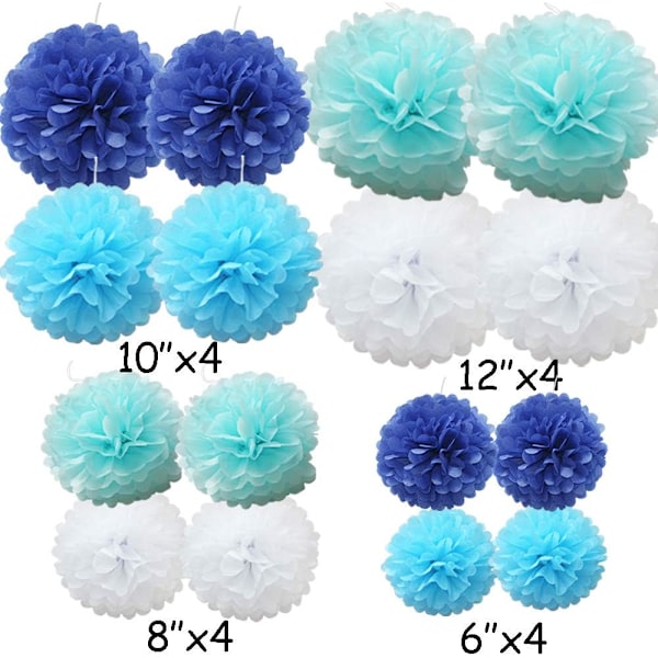 16 stk. blandede silkepapirspomponer, pomponer blomster håndlavede bryllupsfestdekorationer bolde, babyblå nuance Baby Blue Shade