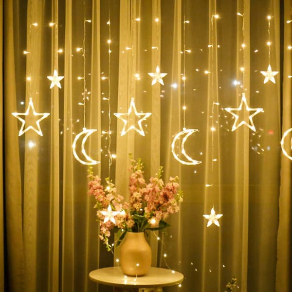 Stjerneformede gardinlys, 3,5 m måneformede gardinlys Ramadan, LED-stjernelys, stjernegardinlys, dekorativ lampe for vindu, jul-FX-