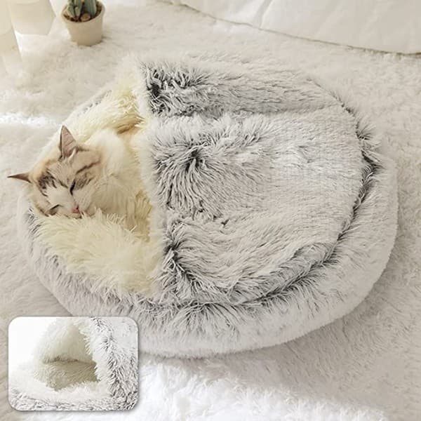 Vinter lång plysch husdjurskattsäng rund kattkudde hus varm kattkorg kattsäck-FX-