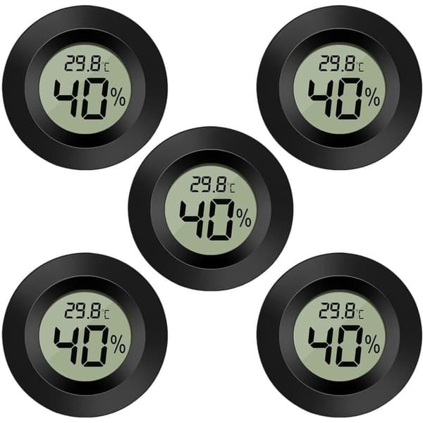 Round Black Digital Hygrometer Set (5) - Temperature Meter for Humidifier Dehumidifier Greenhouse Basement Nursery-FX-