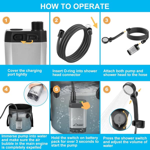 Bärbar campingdusch, utrustad med en batteridriven pump, ett 6000mAh uppladdningsbart batteri-FX-