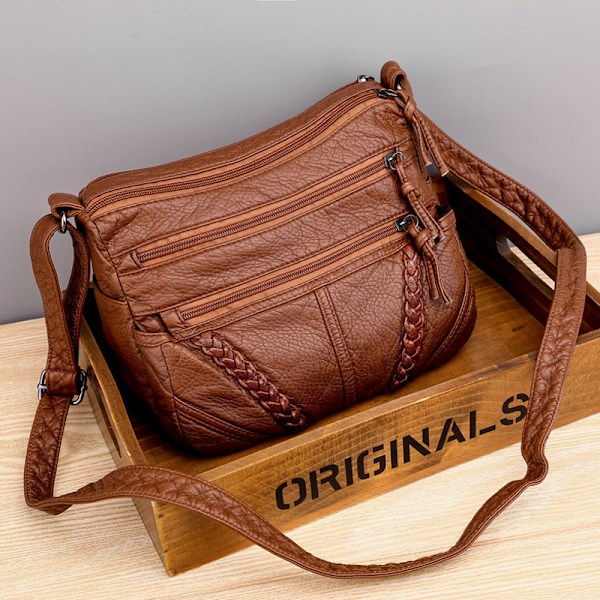 Läderväska för dam, axelväska, crossbody-väska, maskintvättbar, mjuk textur, brun【HY】