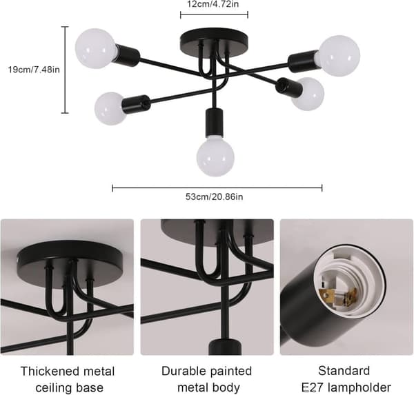 Industrial Ceiling Lamp E27 for Living Room Bedroom Kitchen Dining Room, Retro Design, without bulb-FX- Black
