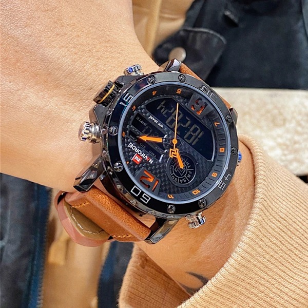 2021 NAVIFORCE Toppmerke Sportsklokker Herre Lær Vanntett Mann Quartz Digital Dobbel Klokke Mann Klokke Relogio Masculino BOLBN-with Box