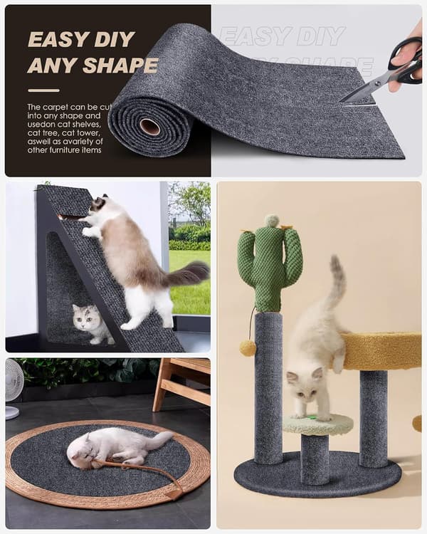 Selvklebende klorematte for katter 11,8x39,3 tommer, trimmbar teppebeskytter for møbler og vegger - DIY erstatningsputer for kattetre i mørkegrått