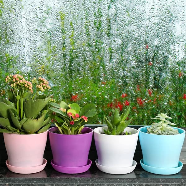 10-pak sorte harpiks urtepotter med bakke til indendørs planter, 14x12cm