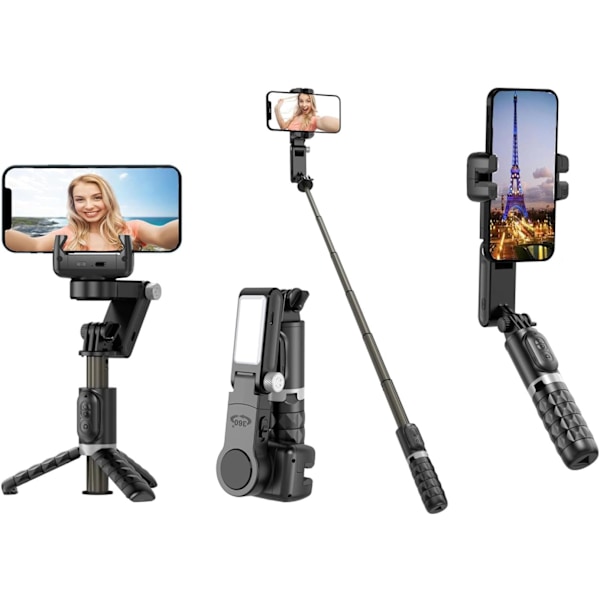 Smartphone gimbal stabilisator, 2-akset automatisk ansigtssporing selfie stick med stativ og LED-lys
