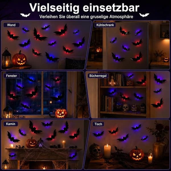 Halloween-dekorasjon utendørs 48 lysende 3D-flaggermus til dør og vindu | Inkluderer 48 LED-lys og selvklebende puter bat 48pcs