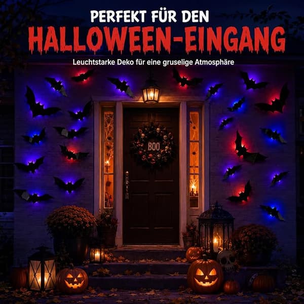 Halloween-dekorasjon utendørs 48 lysende 3D-flaggermus til dør og vindu | Inkluderer 48 LED-lys og selvklebende puter bat 48pcs