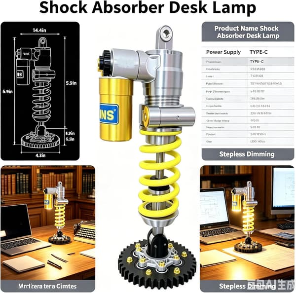 3D-printed Shock Absorber LED Table Lamp | Cool Motorcycle Decor, Adjustable Air Pressure & Glowing Soft Spring LED, DIY Gaming Room Lighting-FX-