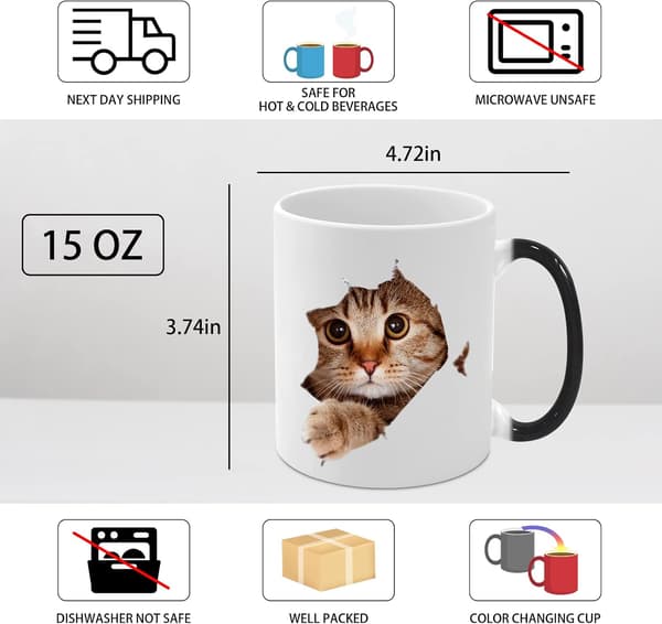 Heat Sensitive Mug, Funny Cat Heat Sensitive Ceramic Coffee Cup, 33 cl Color Changing Coffee Mug, Cute Christmas Gift Mug-FX-