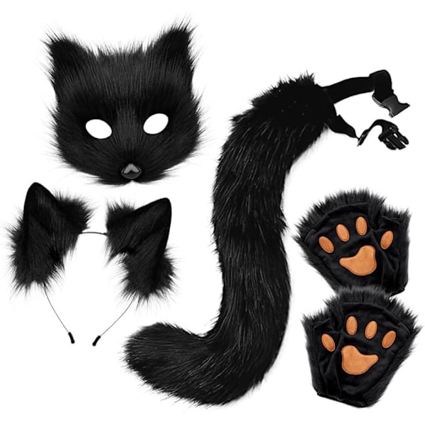 Plush-naamio ketun hännän ja korvien setillä, kissan hännän ketun asu cosplay-asu kissan korvilla ja tassuhanskoilla halloween-cosplay black and white