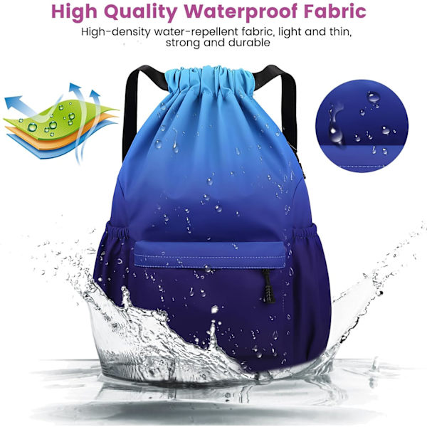 Drawstring Gym Bag, Large Drawstring Bags with Mesh Pockets, Waterproof Nylon Drawstring Bag, Drawstring Gym Bag-FX- Cyan