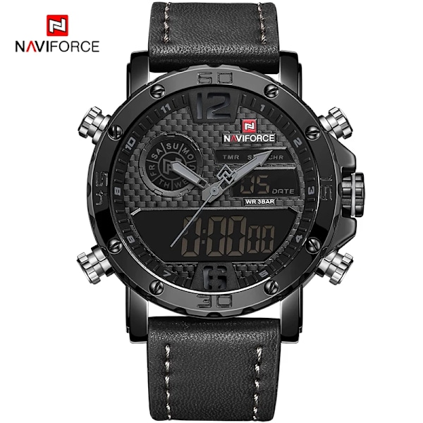 2021 NAVIFORCE Toppmerke Sportsklokker Herre Lær Vanntett Mann Quartz Digital Dobbel Klokke Mann Klokke Relogio Masculino BGYB