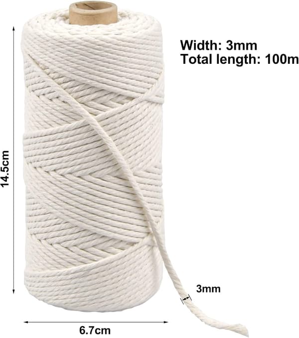 100 m vitt makramé-bomullsrep, 3 mm jute-bomullsgarn, bomullsmakramétråd, snörningsgarn, flätat repsnöre för presentinslagning, stickning och dekoration-FX-