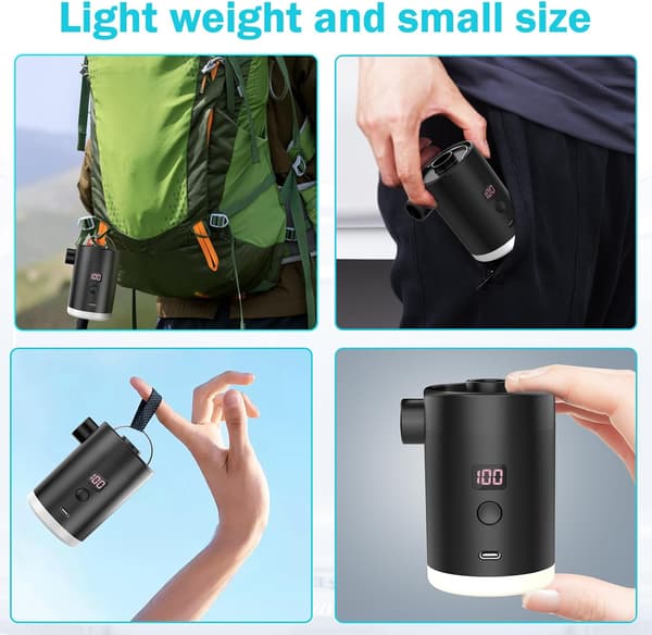 2025 Seneste Model Bærbar Luftpumpe til Oppustelige Genstande, Mini Luftmadraspumpe med Campinglampe LED-Display, USB Genopladelig Luftpu-FX-