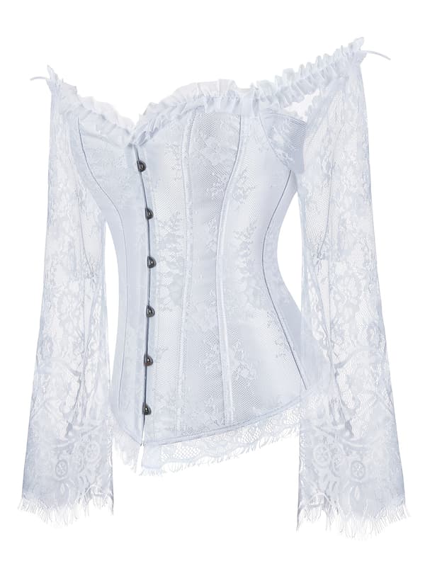 Plus-Size Overbust Korset Bodice Snøre Bustier med Mavekontrol og Blondeærmer til Kvinder 1XL White